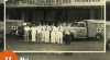 Pegawai Markas Besar Palang Merah Indonesia berfoto bersama setelah menerima hadiah Mobil Ambulance dan Pick Up dari Bank Tabungan Pos di depan Gedung Markas Besar PMI di Jalan Dr. Sutomo. Jakarta, 11 Mei 1951 .